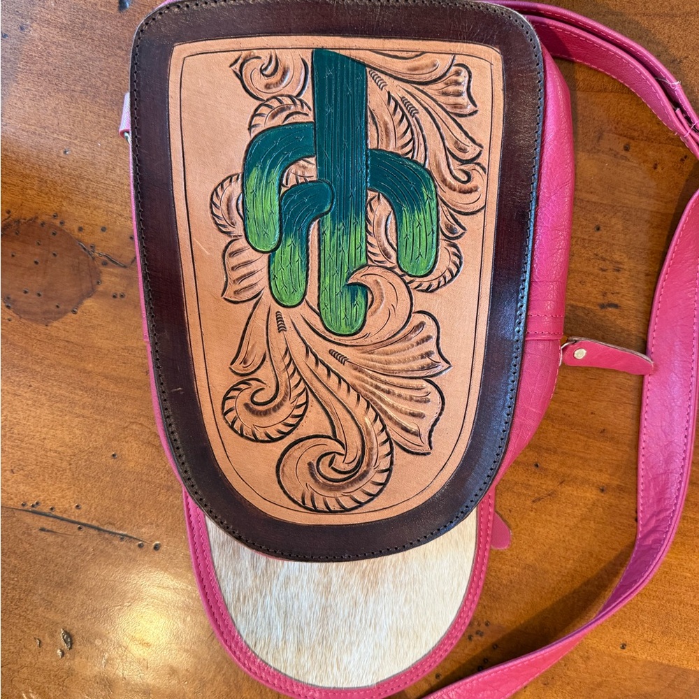 Tooled Leather Crossbody Bag with Pink Strap and Cactus Motif